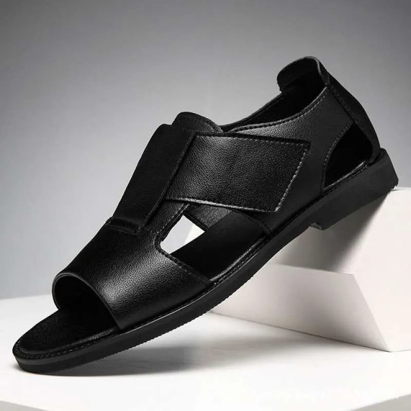 Men's black and brown casual leather sandals with open-toe design and rubber soles