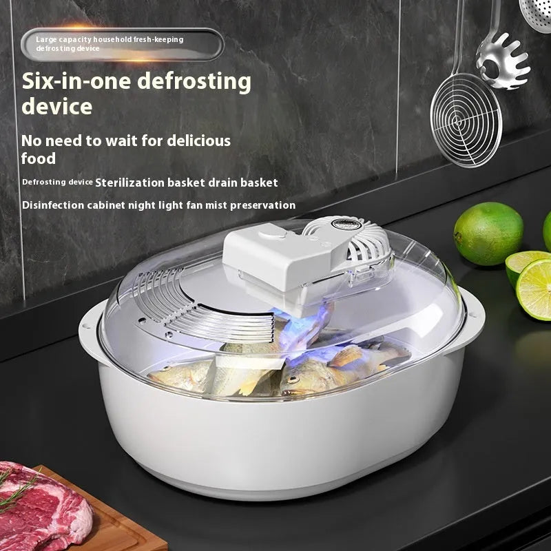 Aluminium quick defrosting board for food on a kitchen countertop.