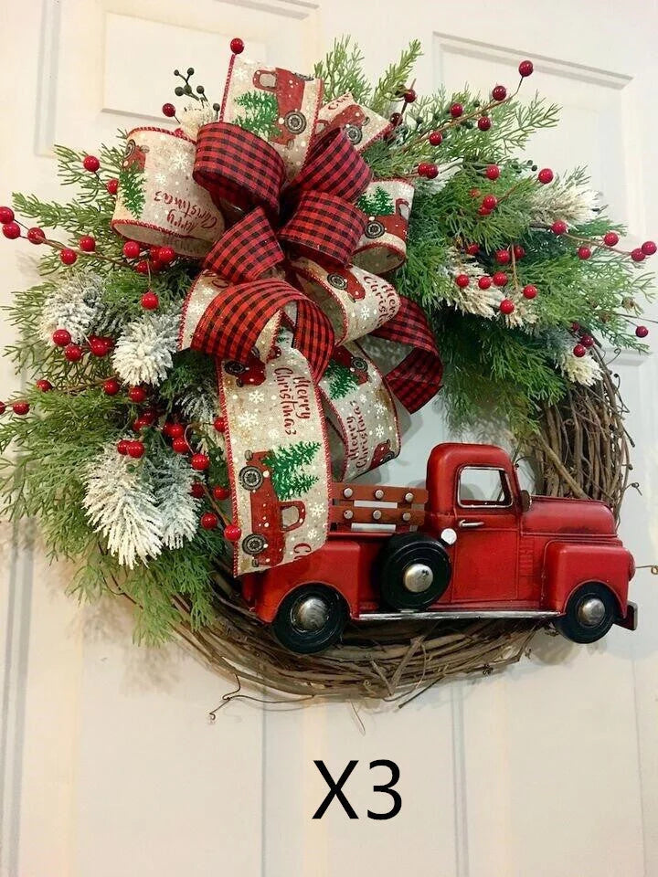 Wooden red truck Christmas garland with pumpkin accents for festive holiday decor