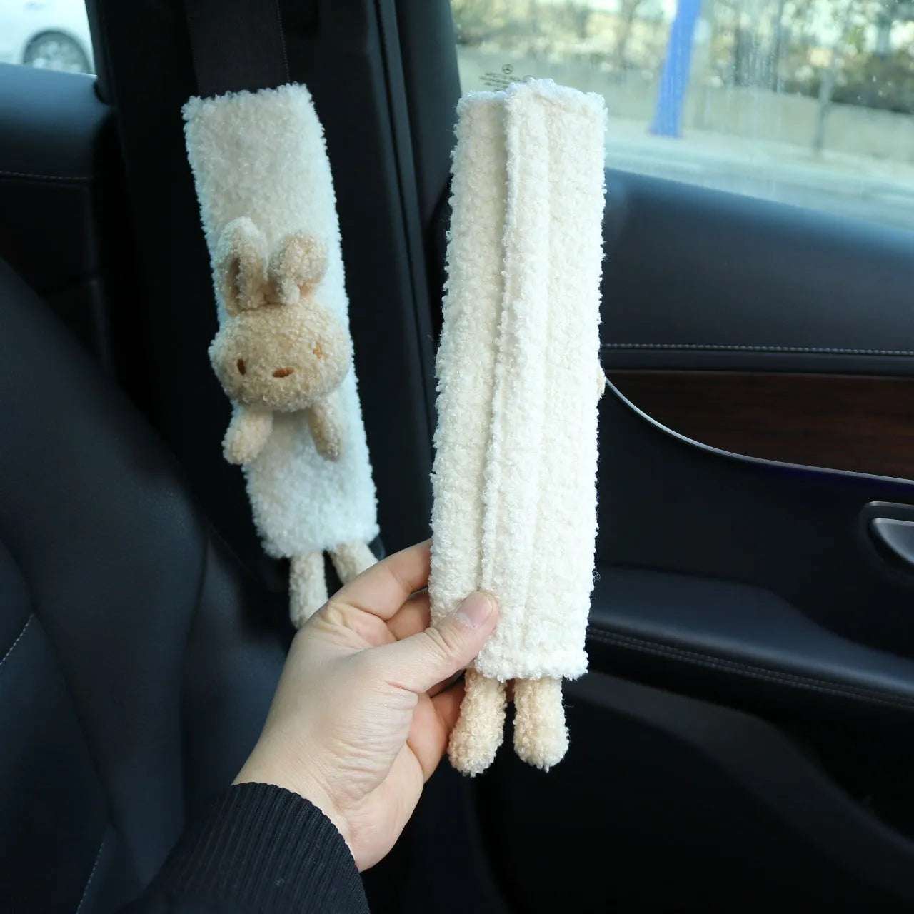 Cartoon plush lamb wool car seat belt shoulder protector in rabbit, bear, or rabbit+bear design.
