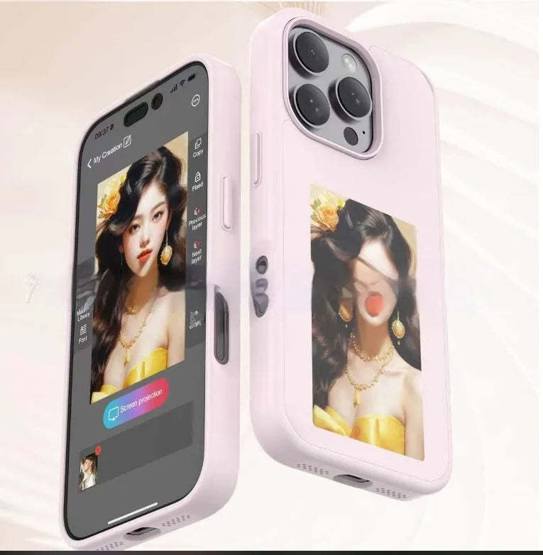 Black e-ink screen phone case with battery-free projection for Apple iPhone, TPU material, mirror finish