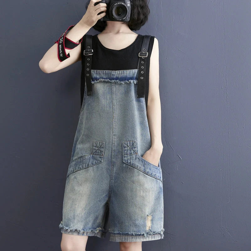Women's denim suspenders in blue, Korean style design with adjustable straps