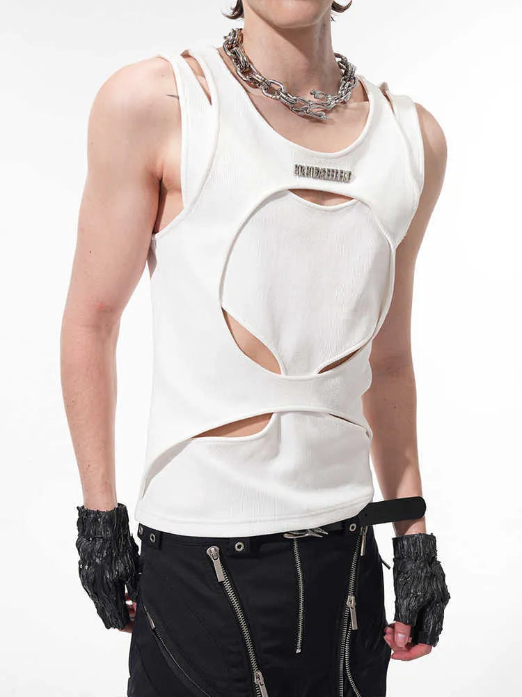 Men's loose fit sleeveless waistcoat vest in black shown on a hanger