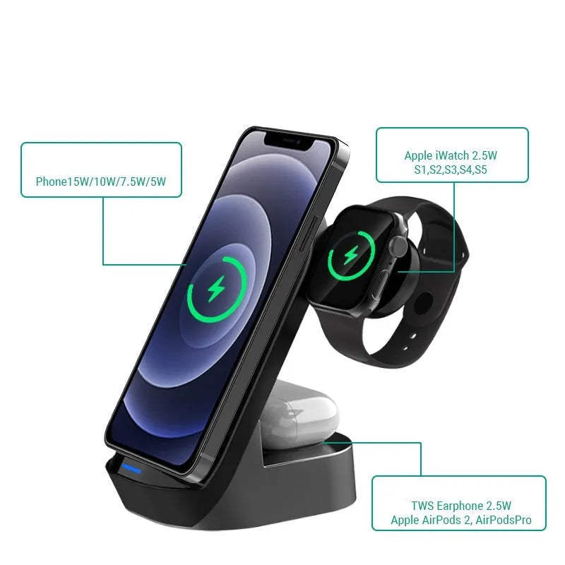 Black and grey foldable 3-in-1 wireless charging stand for mobile phone, watch, and earbuds.