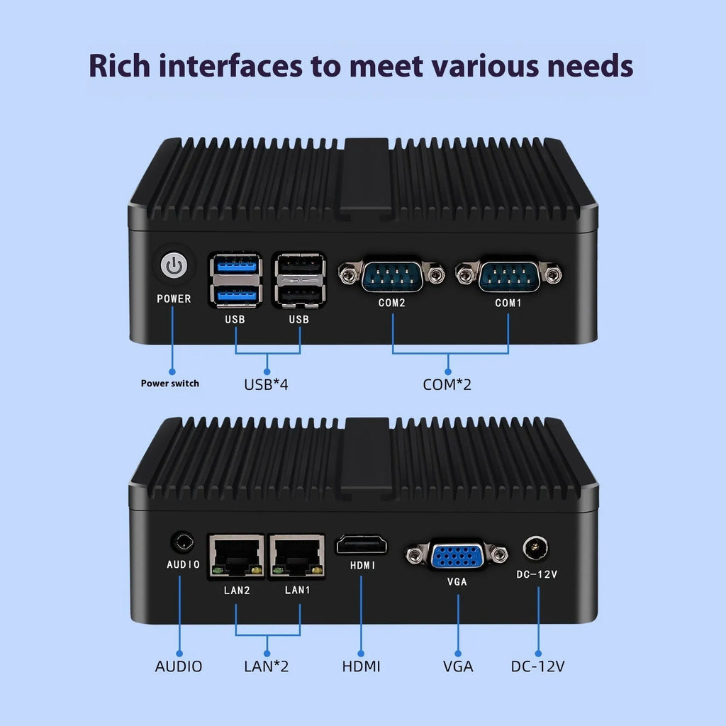 Compact metal fanless industrial mini host computer unit with connectivity ports.