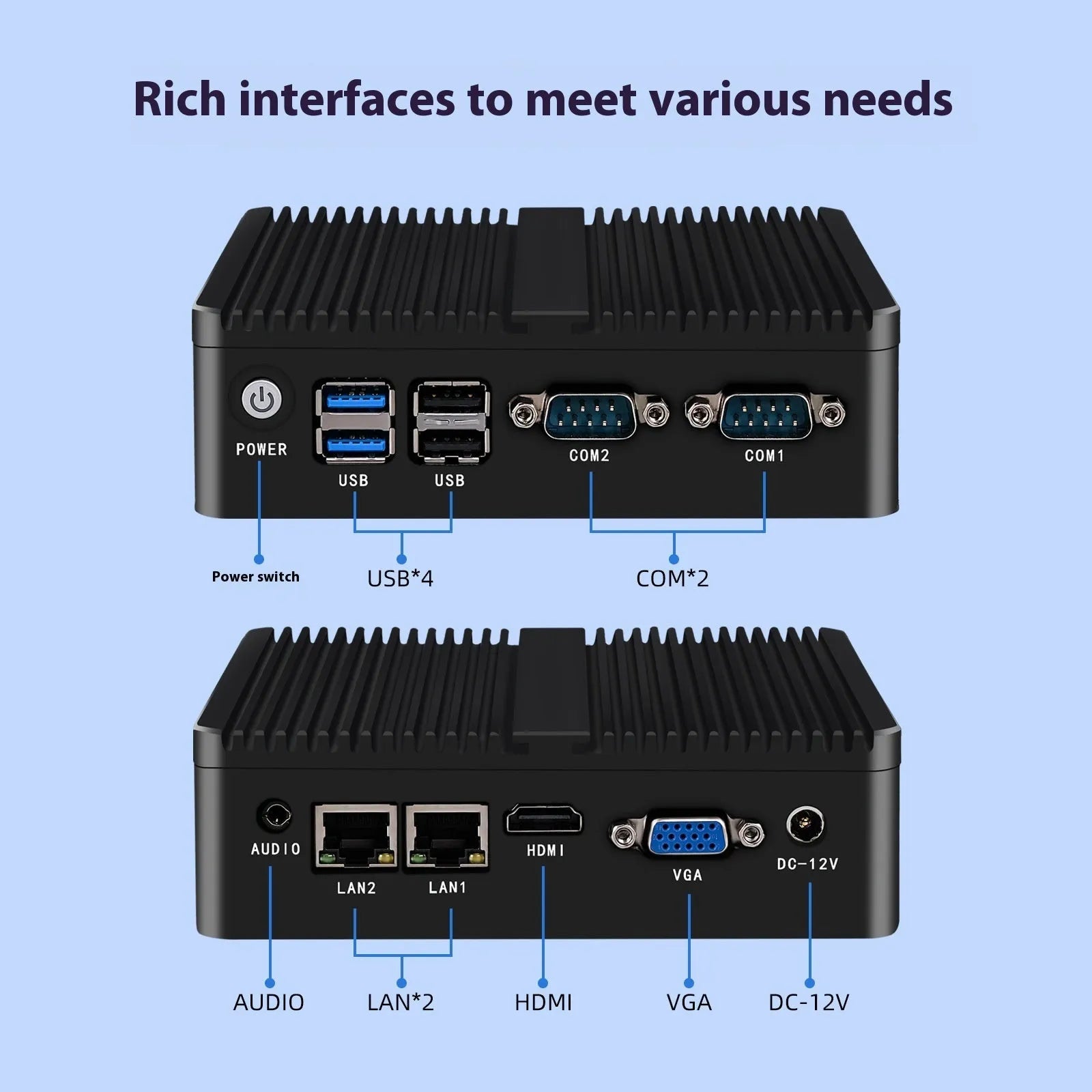 Compact metal fanless industrial mini host computer unit with connectivity ports.