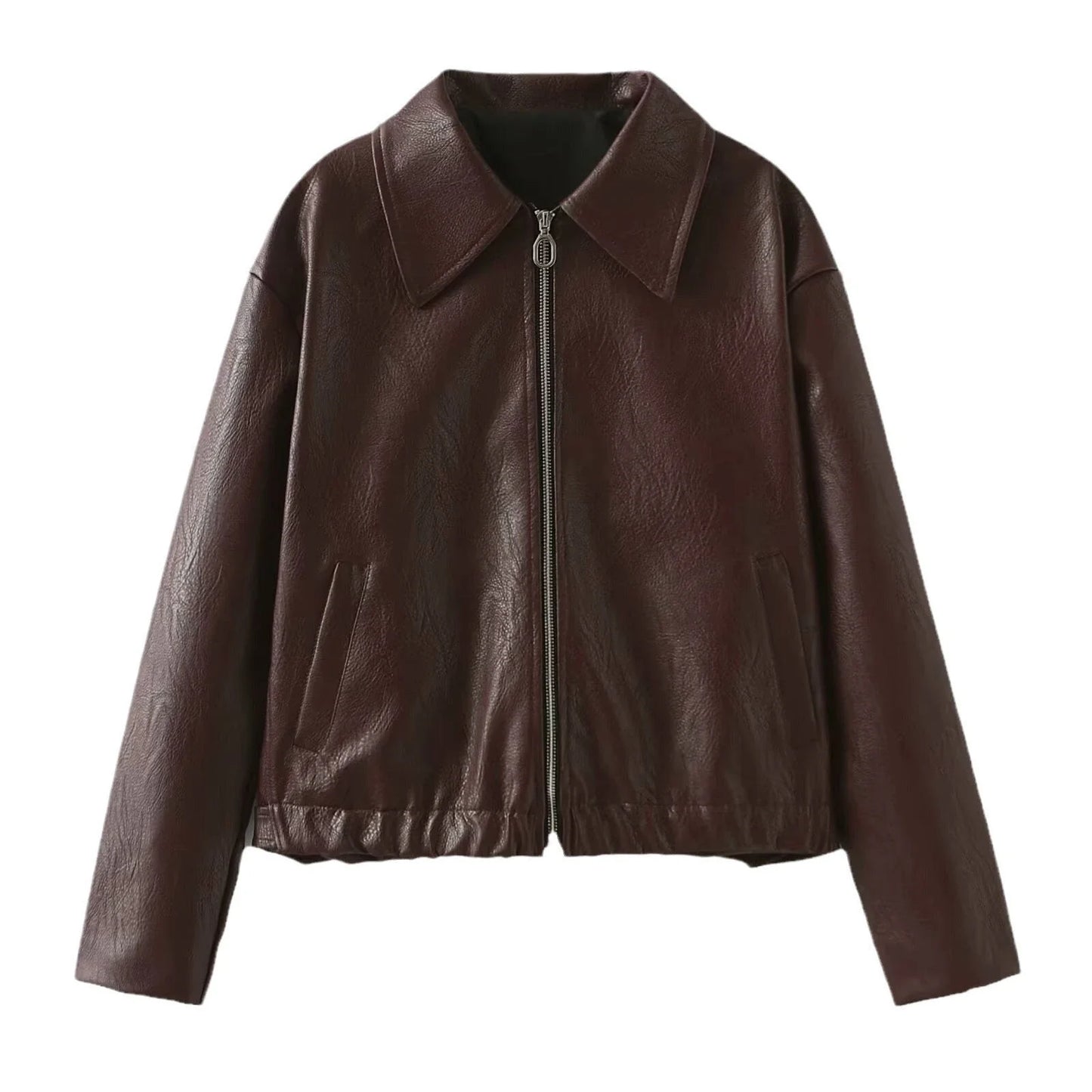 Stylish faux leather zip-up jacket for women in burgundy and black colors