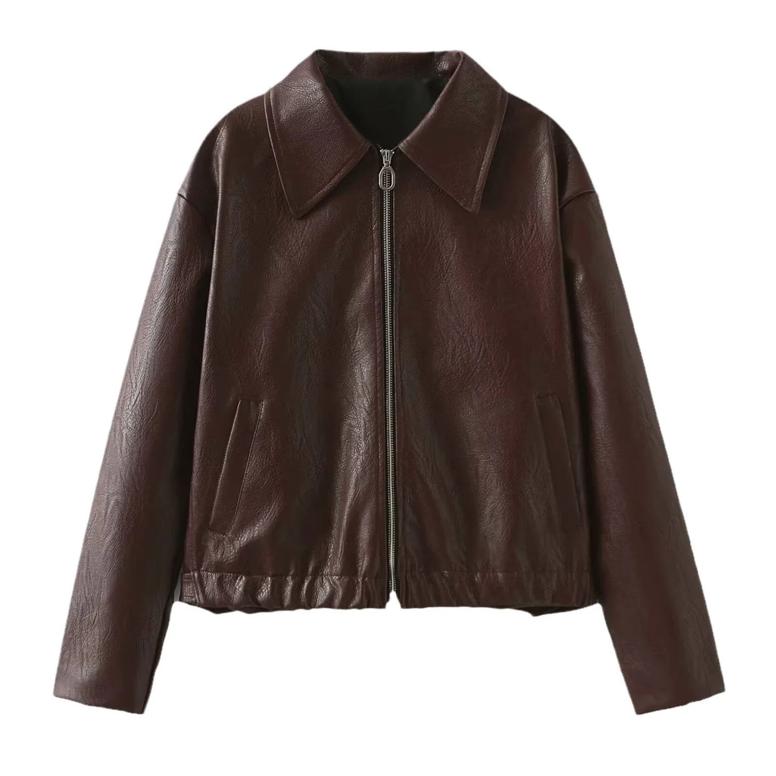 Stylish women's leather jacket with zipper detail in burgundy and black