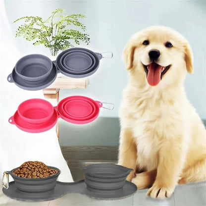 Collapsible double pet bowl with no-spill mat, perfect for travel