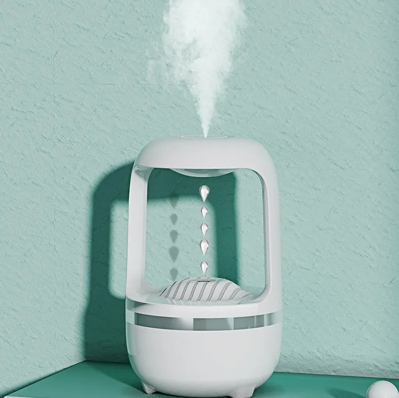Anti gravity humidifier water drop backflow with 500ml white ABS body and black base on a desk