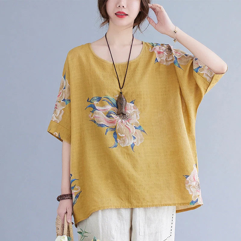 Korean cotton hemp half sleeve top with printing pattern in yellow and orange