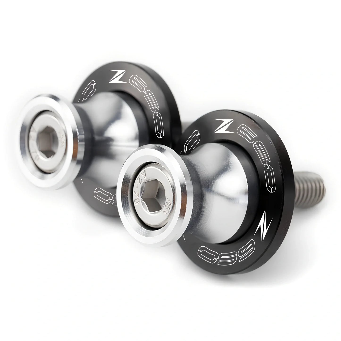 Pair of 8mm CNC aluminium swingarm spools sliders in titanium for Kawasaki Z650 Z900, with Delrin contact and stainless bolts