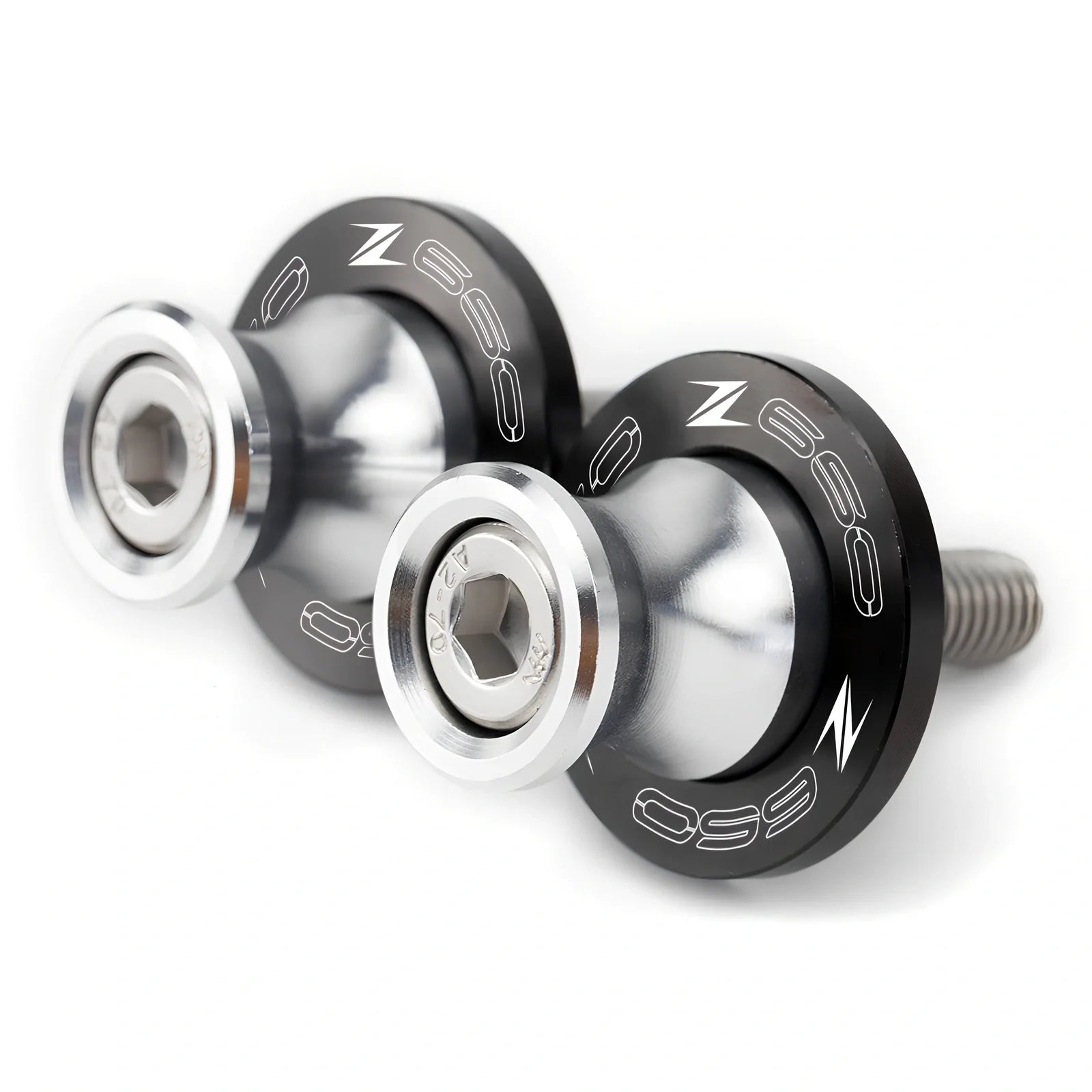 Pair of 8mm CNC aluminium swingarm spools sliders in titanium for Kawasaki Z650 Z900, with Delrin contact and stainless bolts