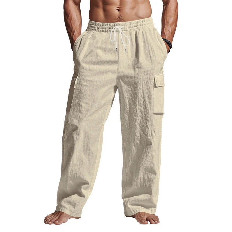Men's multi-pocket linen pants in various colours