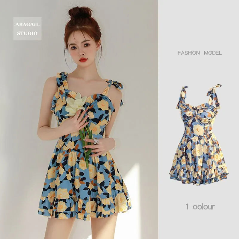 Women's high-waist one-piece swimsuit in oil blue solid colour, polyester with tummy coverage