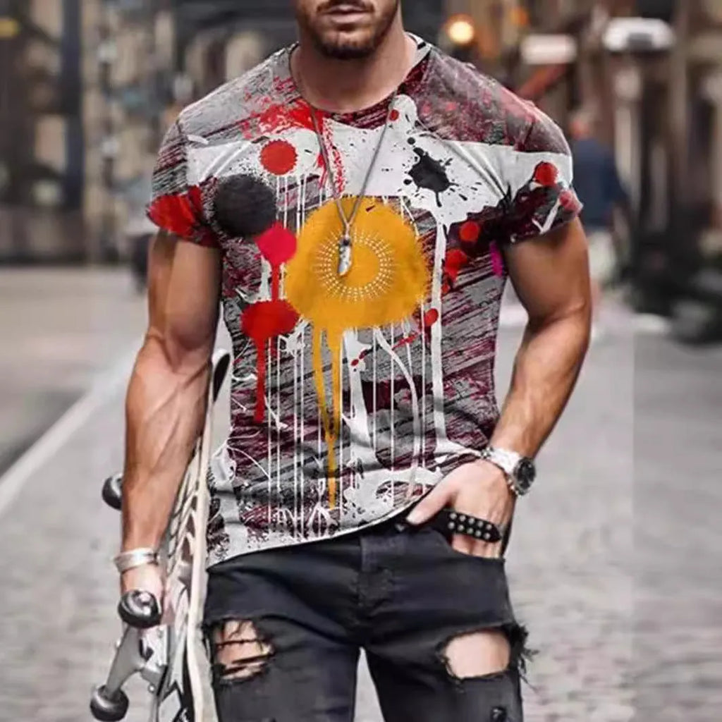 Man wearing a loose fit camouflage print short sleeve t-shirt in milk silk polyester.