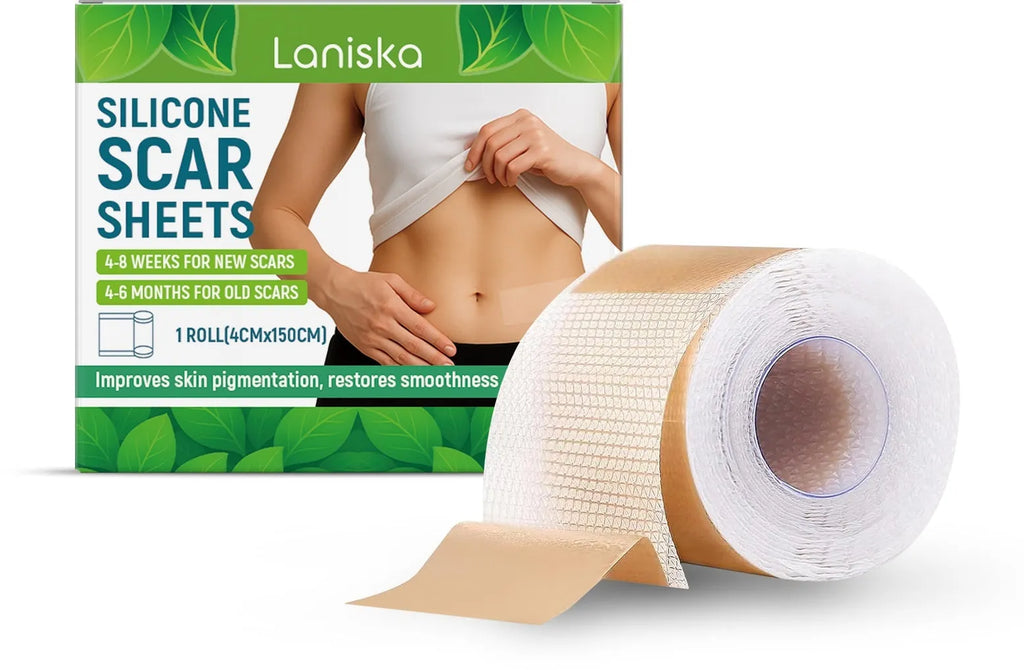 One roll of clear silicone scar sheet showing measurements of 4 cm wide by 150 cm long.