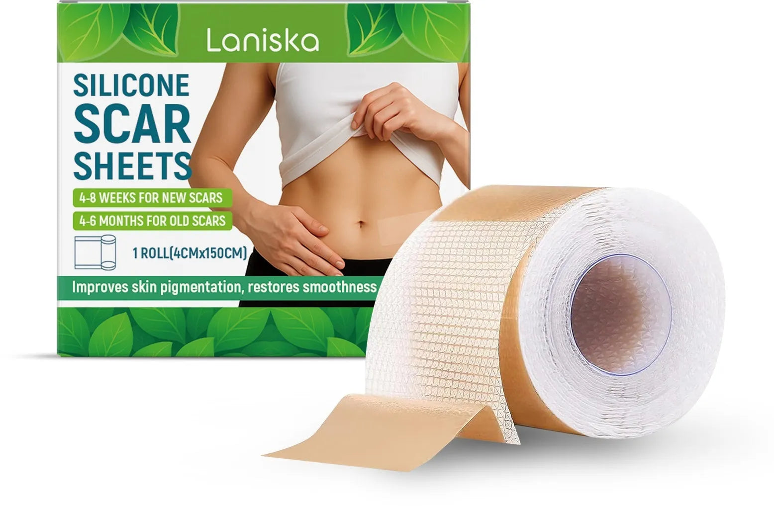 One roll of clear silicone scar sheet showing measurements of 4 cm wide by 150 cm long.