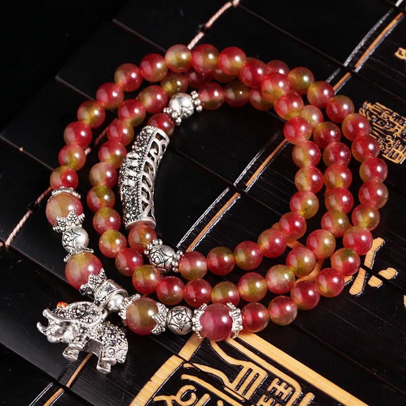 Handmade watermelon crystal bracelet with Chinese knot design and geometry beads in 6mm or 8mm sizes