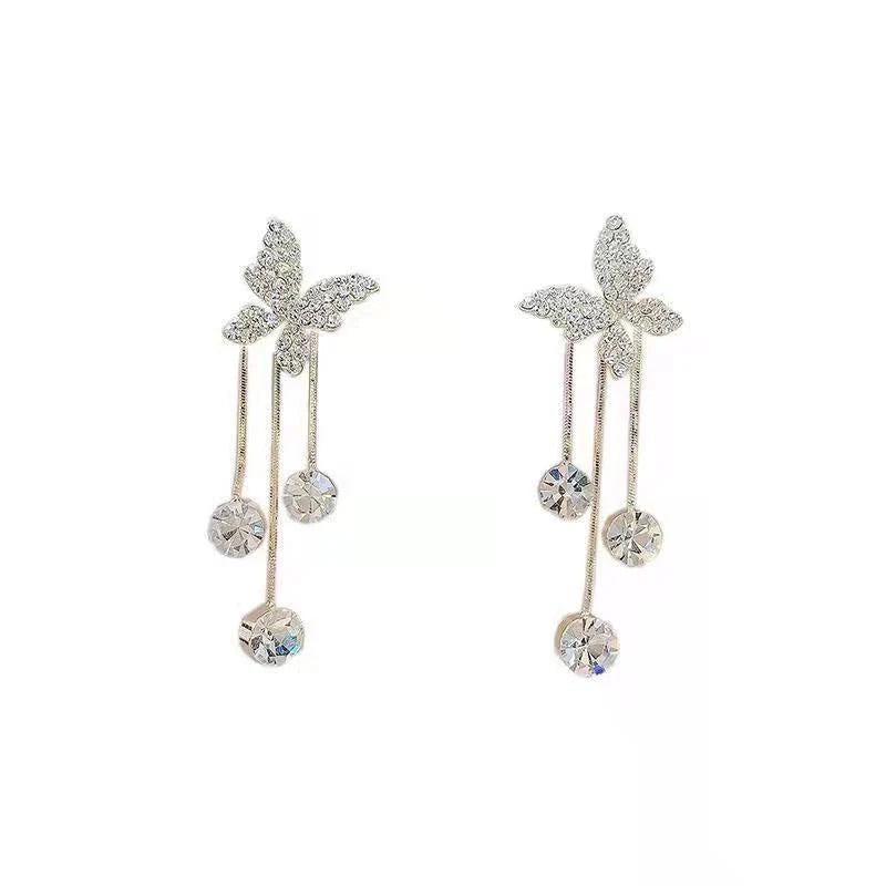 Butterfly rhinestone drop earrings with pearl tassel chain for women