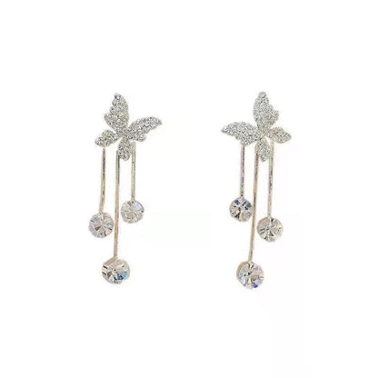 Butterfly rhinestone drop earrings with pearl tassel chain for women