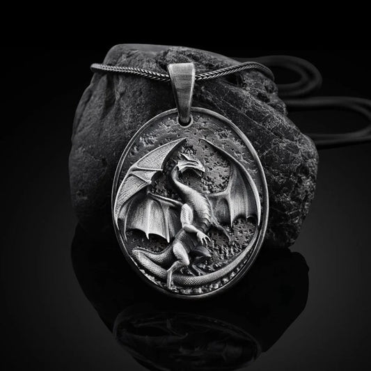 Men's Western Dragon Pendant Necklace in titanium steel with pure tin pendant