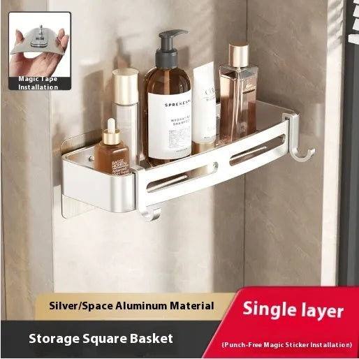 Gun gray triangle bathroom storage rack mounted in corner with punch-free installation
