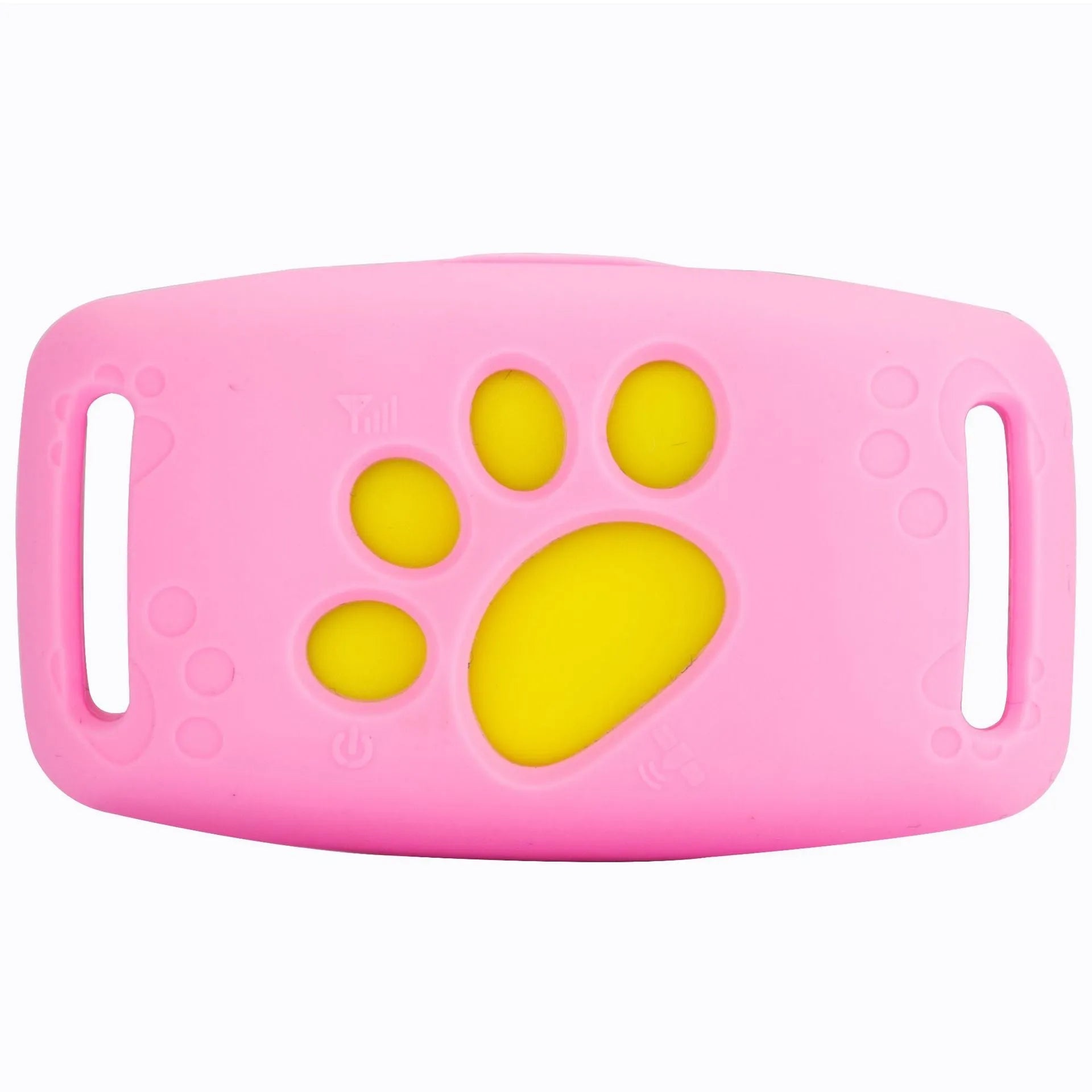 Black waterproof GPS pet tracker device showing dimensions next to a dog collar.