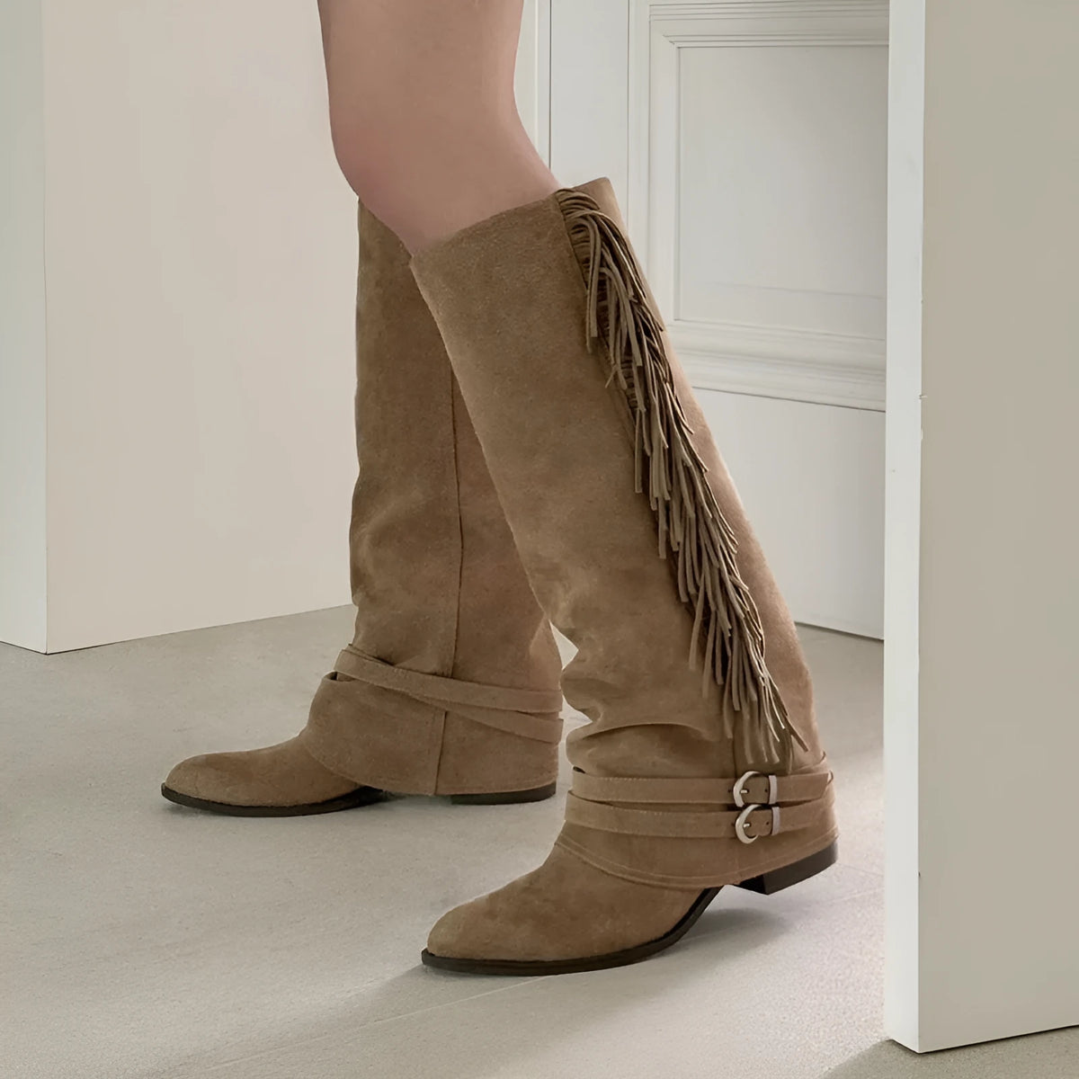 Women's khaki suede cowboy boots with belt buckle and long tassel, mid heel, round toe, sizes 35-42