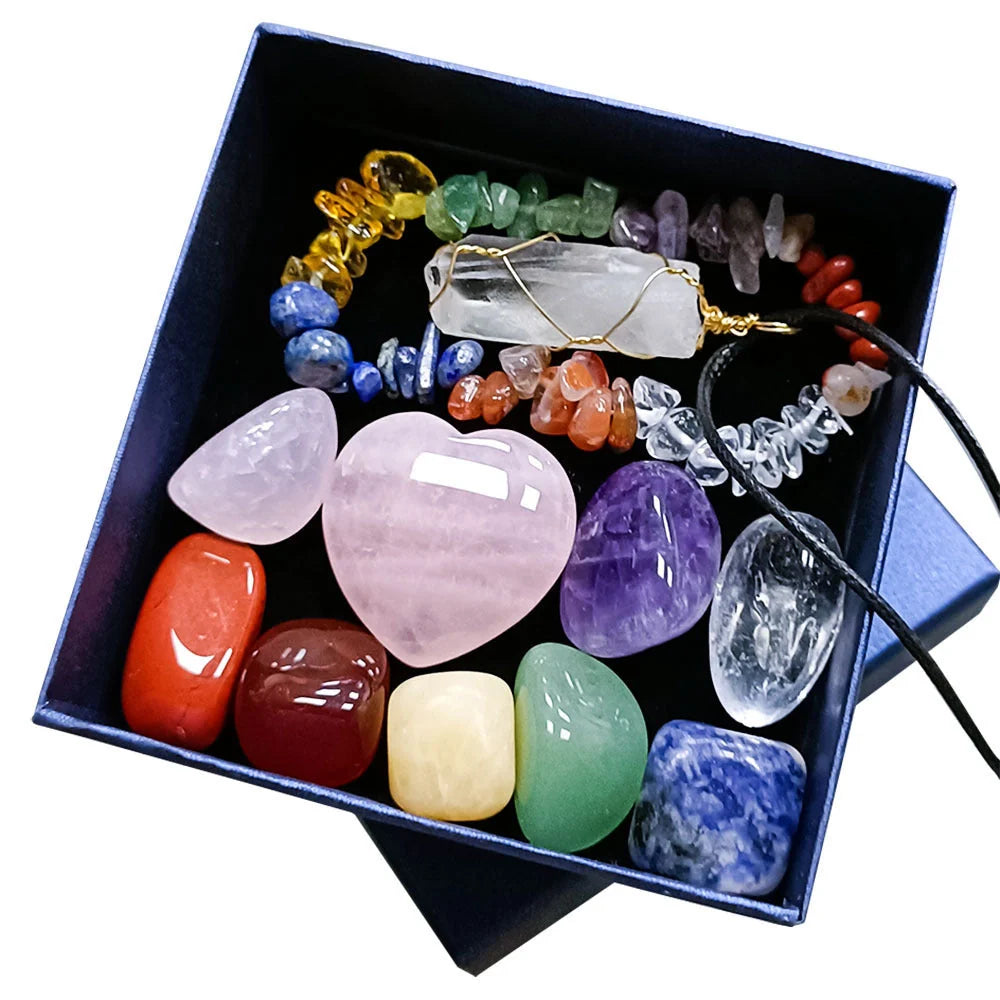 Crystal Jade Chakra Combination Set featuring natural crystal pendant, bracelet, and love hexagon pillar