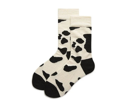 Leopard Dalmatian Black White Cotton Crew Socks with unique print for EU sizes 35-42