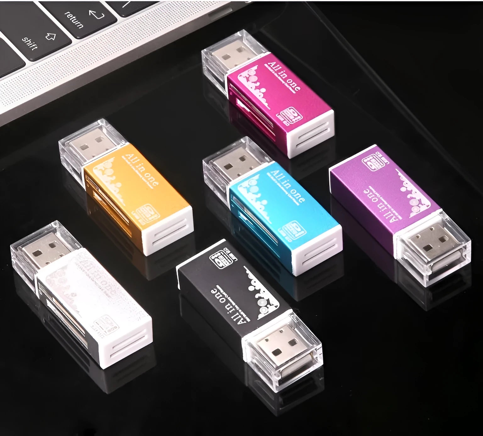 Multi in one card reader with four slots for SD MMC MS TF M2 cards, compact design, available in multiple colours