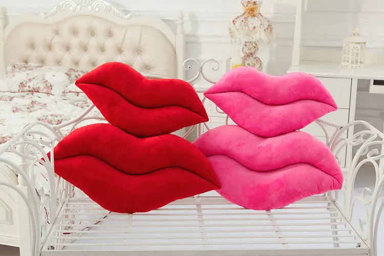 Plush big lips pillow in pink 60 cm tall with short plush fabric on a sofa