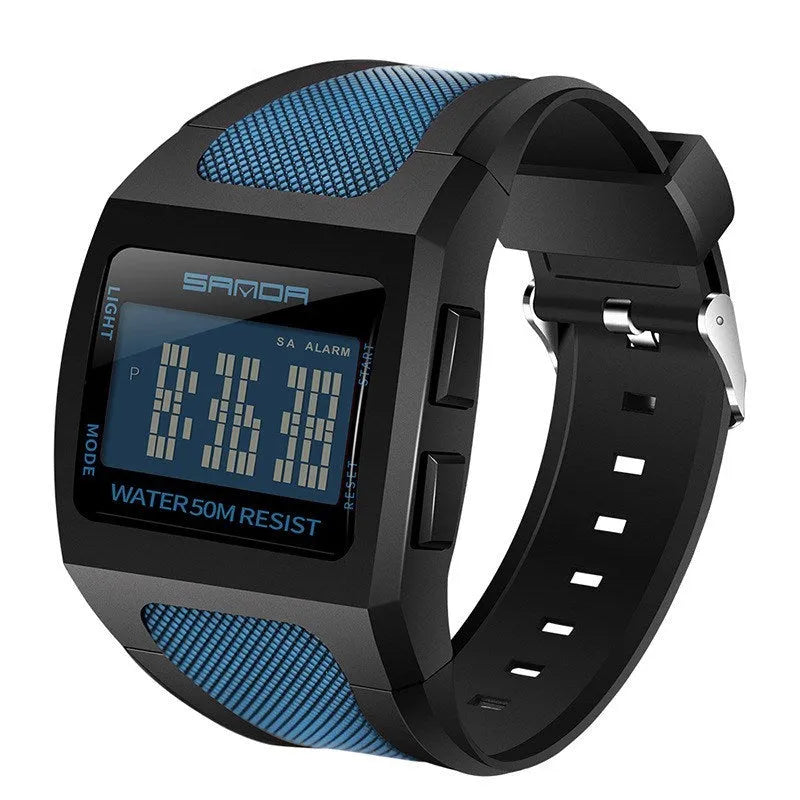 Sanda sports digital watch with black resin strap showing time and date on display
