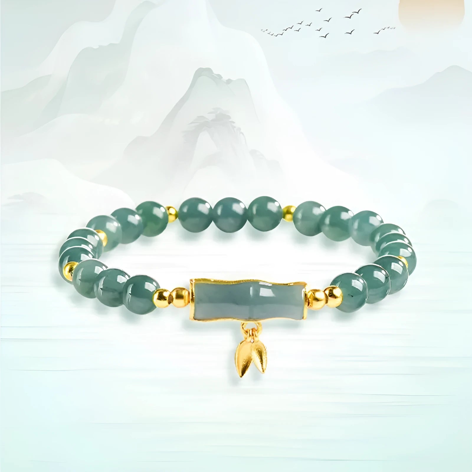 Blue water natural jade beads on a sterling silver high-rise bracelet for women.