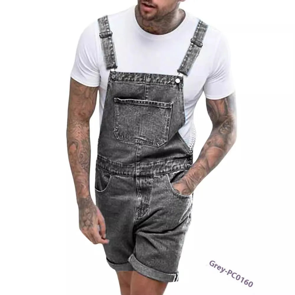 Men's medium elastic denim suspender pants in straight leg cut with detachable suspenders