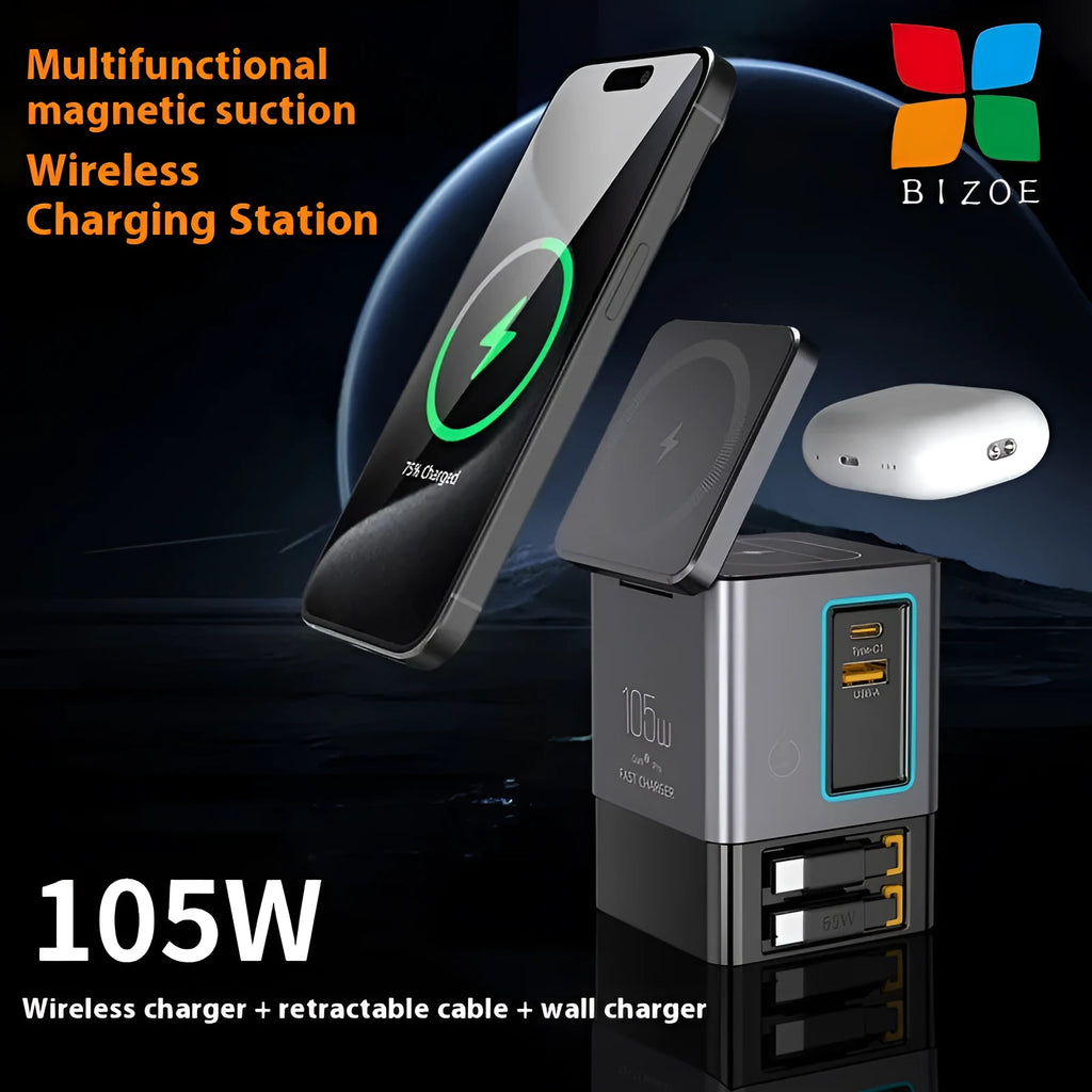 105W Multifunctional Magnetic Wireless Gallium Nitride Charger in black plastic with UK plug