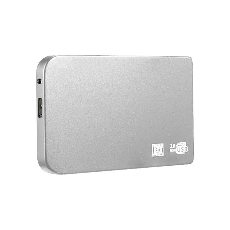 Silver metal USB 3.0 solid state external hard drive with data cable.