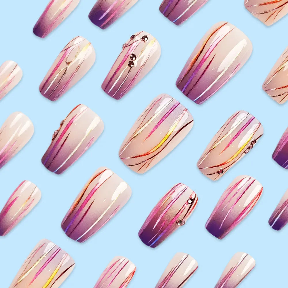 Magic purple gradient nail stickers with starry sky pattern, jelly glue, and 24 decals on a pink background.
