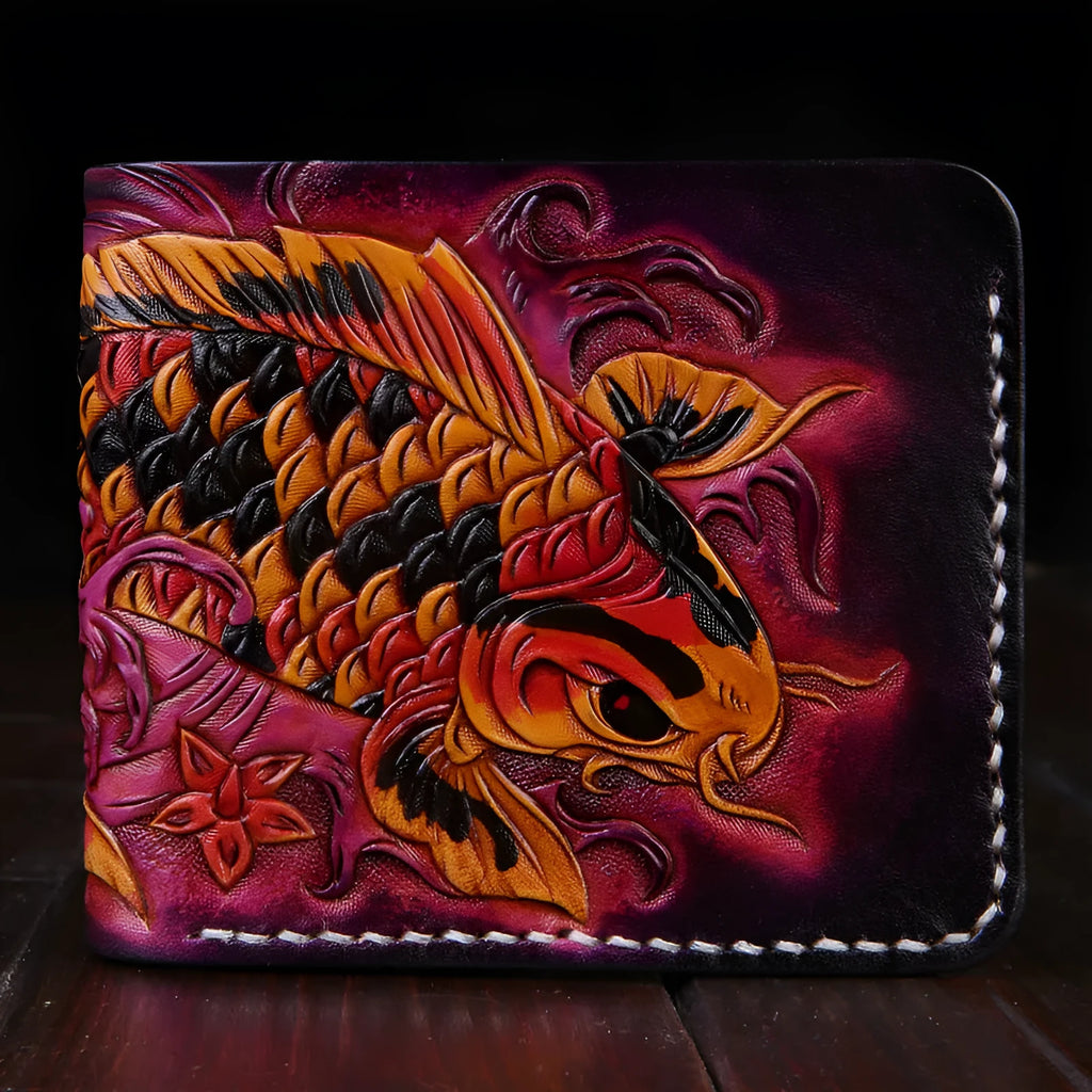 Men's red cow leather short wallet lying open, showing its simple interior and dimensions.
