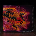 Men's red cow leather short wallet lying open, showing its simple interior and dimensions.