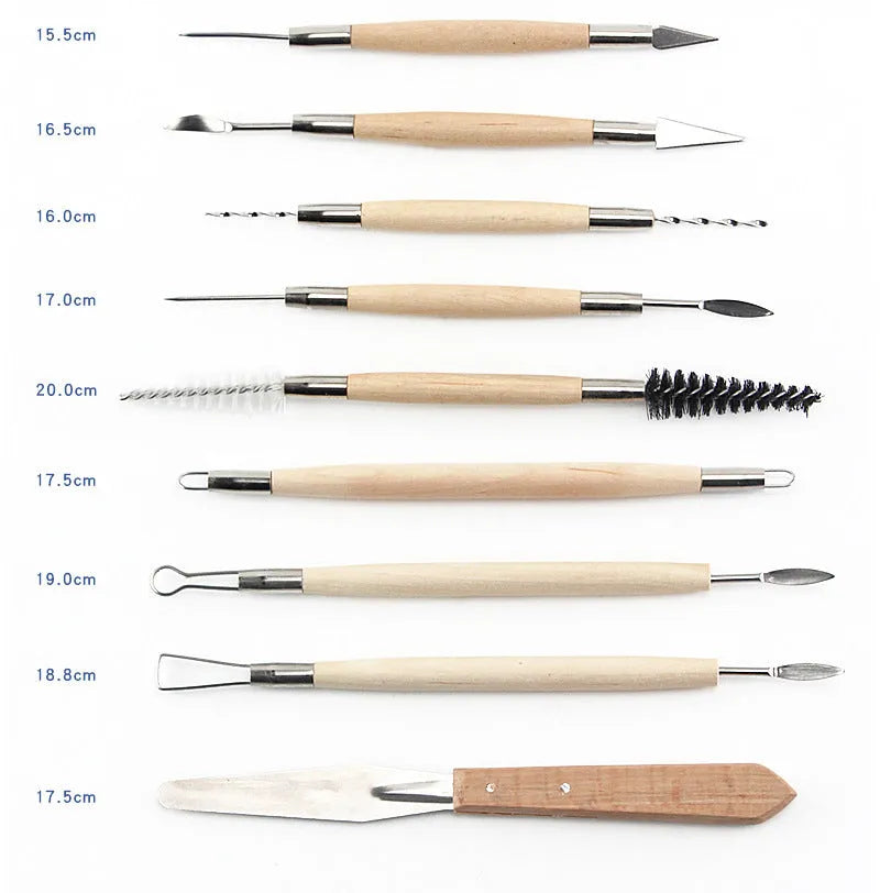 27-piece pottery clay tool set with rolling pin on a table