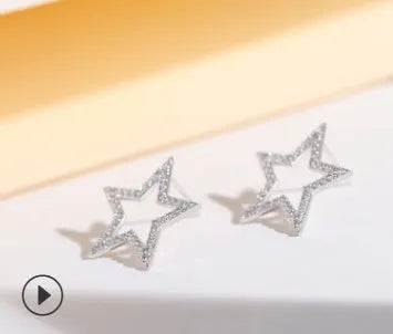 S925 sterling silver micro-inlaid five-pointed star stud earrings, Korean style, for women on a white background