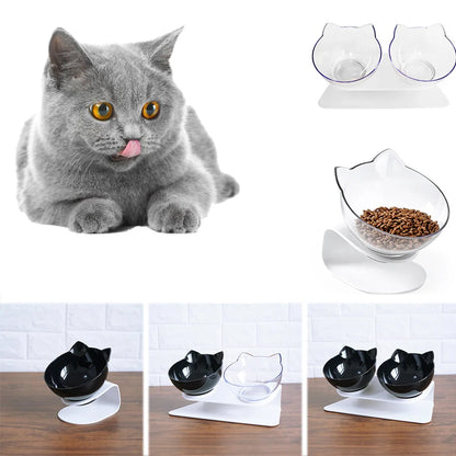 Cat Double Bowl with 15° tilt design for cervical support, transparent cat head and ears, food-grade plastic