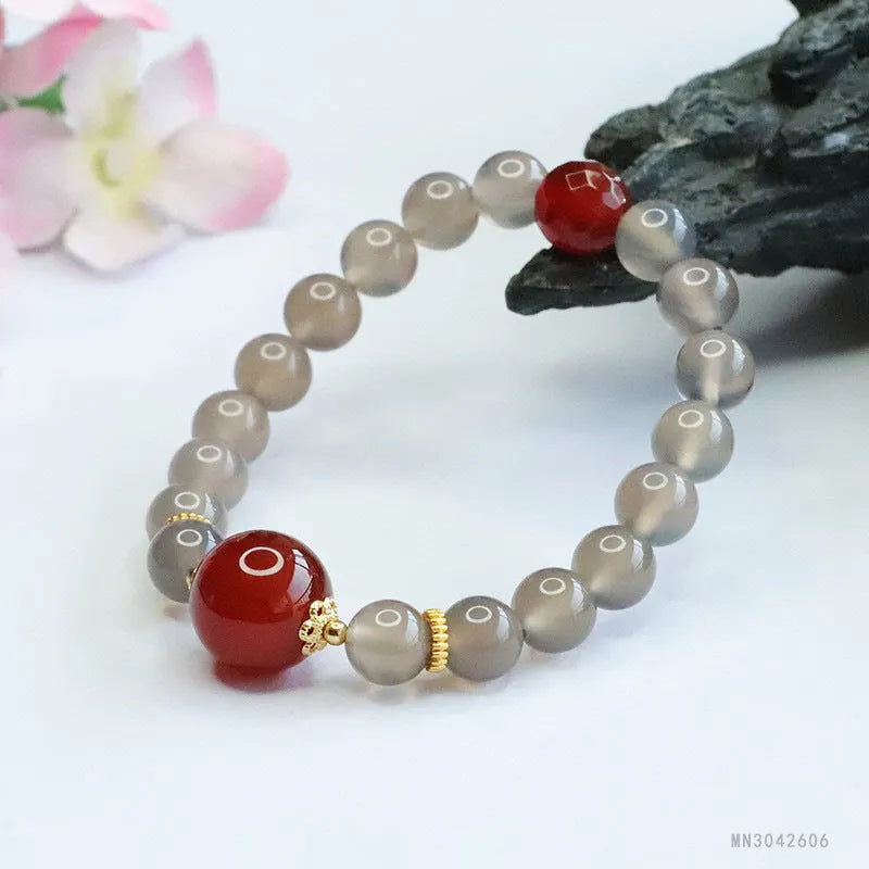Natural smoky purple chalcedony and red agate bracelet with 8mm geometric beads.
