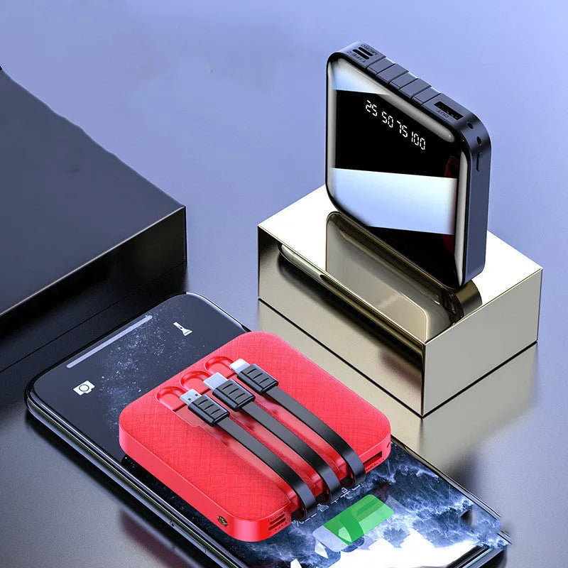 Black or red power bank with built-in charging cable showing 80mm dimensions