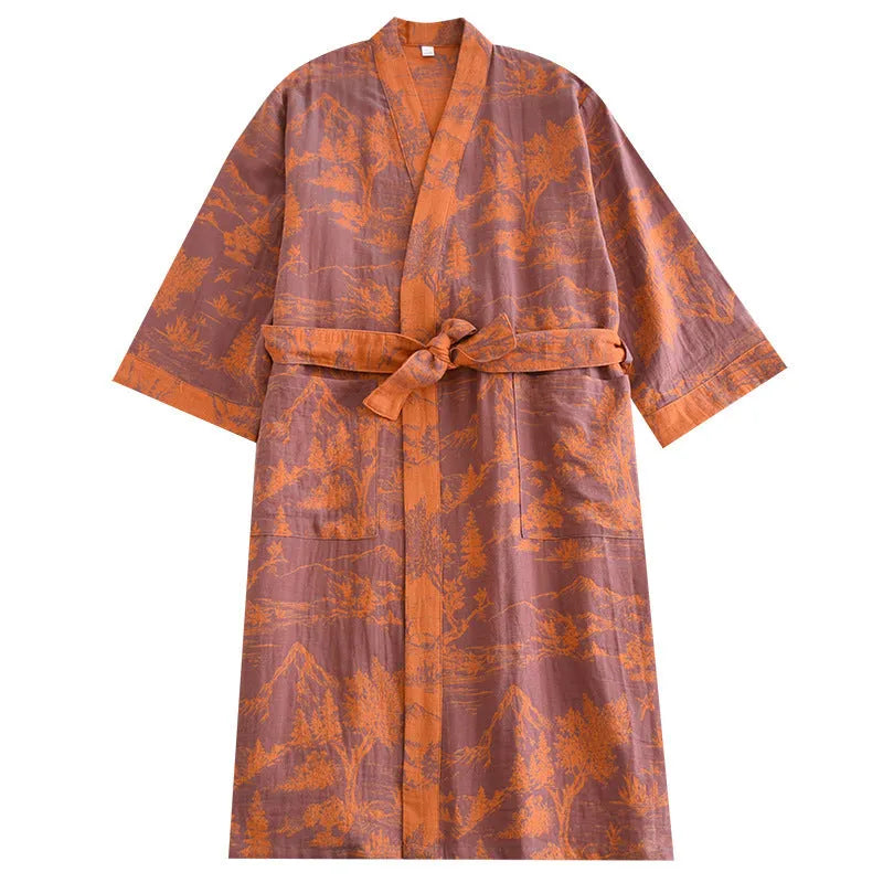Couple cotton loose bathrobe set with lace jacquard medieval pattern in purple and blue
