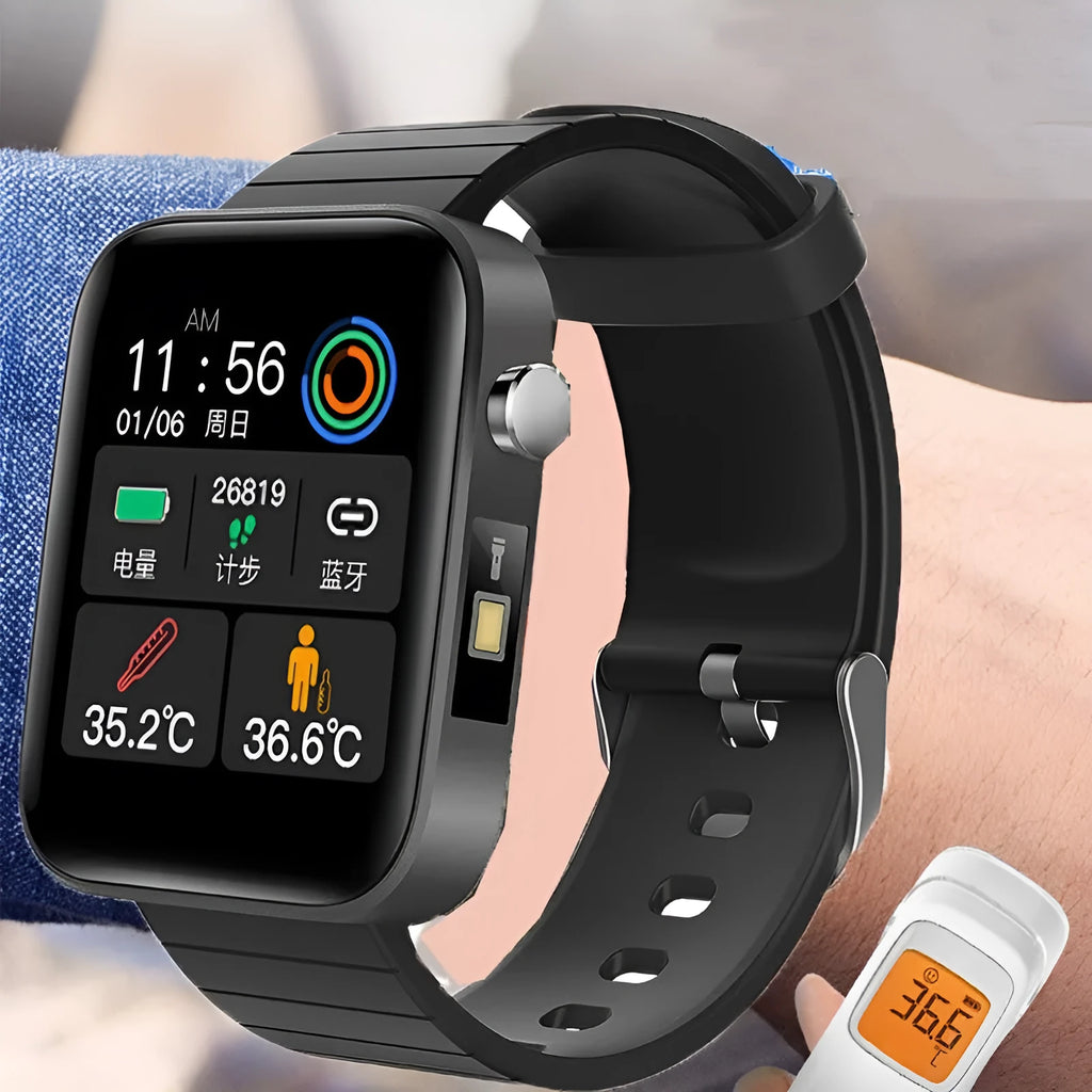 Black health monitoring smart bracelet showing blood pressure and temperature tracking on 1.54-inch screen