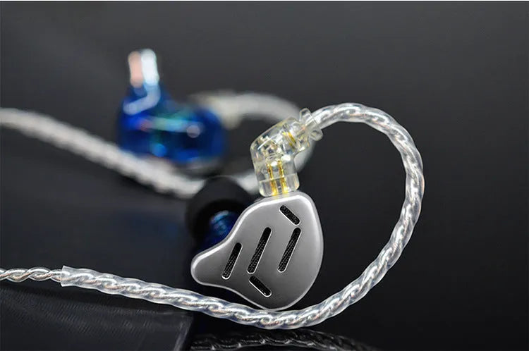 KZ ZAX in-ear headphones with detachable cable in black or silver blue finish showing 3.5mm L-bend plug