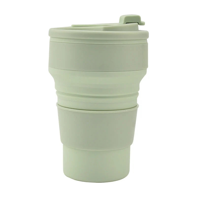 Collapsible silicone travel mug with leak-proof cover in various colours
